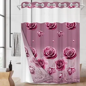 1pc hookless shower curtain with buckle lining, pink and purple rose diamond combination design, 2D flat printing, fabric waterproof lining, see-through double-layer shower curtain, 71 x 74 inches, modern home draping curtain.