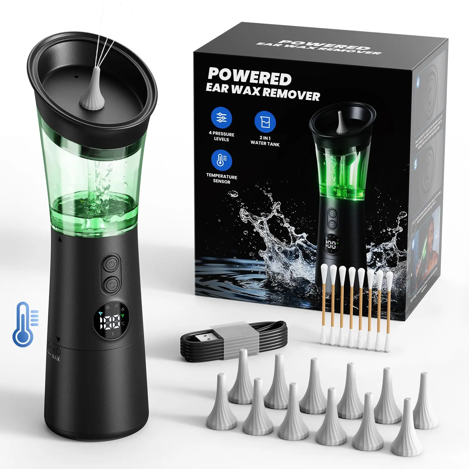 E91 Electric Ear Wax Removal Kit Upgraded 2 in 1 Dual Water Tank, Smart Temp Detection with Safety Light, 4 Adjustable Pressure Levels, 2000mAh Rechargeable, IPX7 Waterproof, 11 Nozzles, Deep Ear Cleaning System for Home