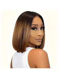 New Fashion Women's 10inch Middle Part Bobo Black to Brown Ombre, Versatile Natural Look for Daily Wear and Parties Straight Bob Wig