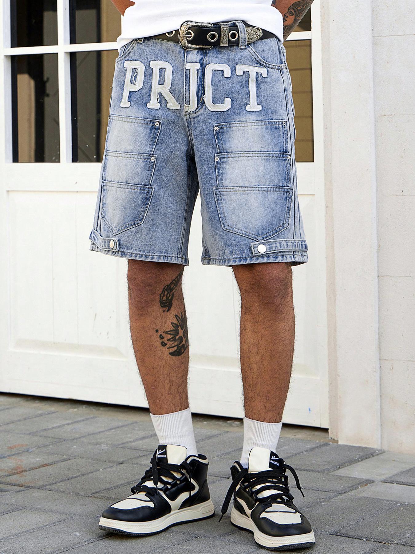 Multi-pocket denim shorts, denim cargo shorts, jeans—Y2K American street style embroidered vintage shorts for both men and women, casual letter embroidery design, perfect for summer fashion everyday wear, versatile casual style.