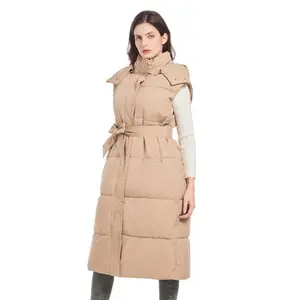 Women's Hooded Puffer Long Vest Stand Collar Waist Cinching Belt Warm Inner Sleeveless Fashion, Stylish Winter Outerwear