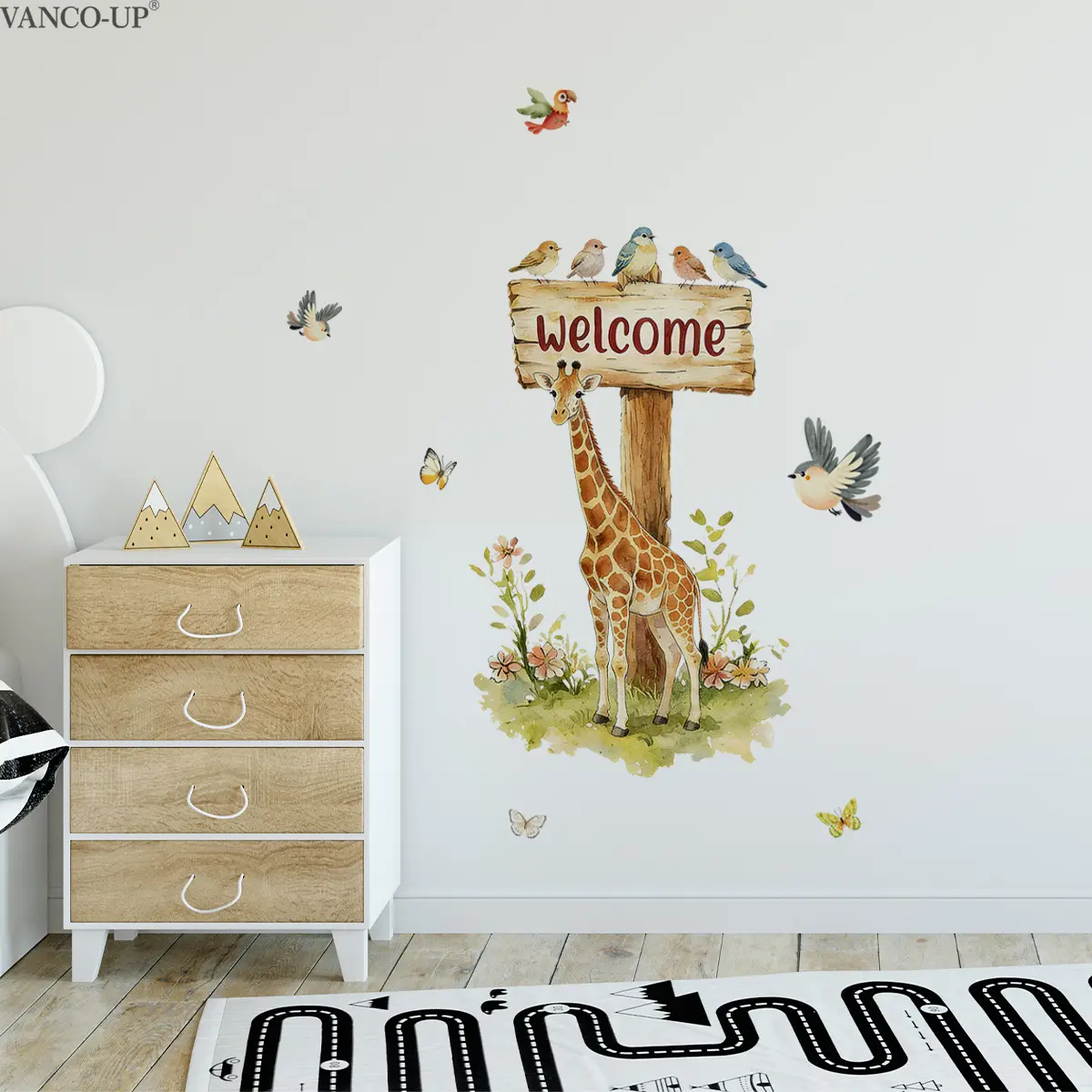 A 2D flat grassland giraffe wall sticker for home decoration, self-adhesive, size 30*60cm, M21376-NC