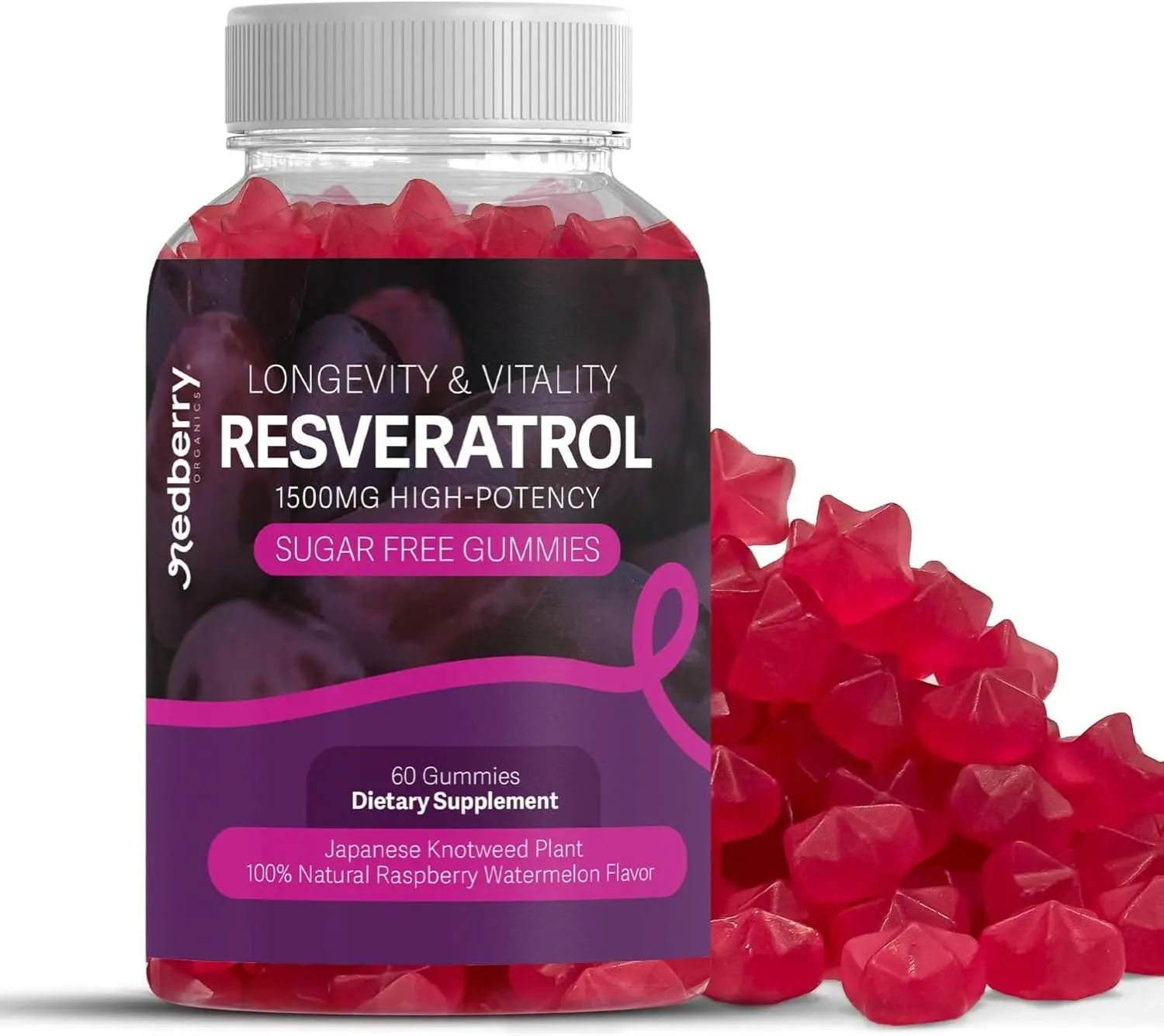 Resveratrol Supplement 1500mg Gummies | 98% Pure Japanese Knotweed | Resveratrol Organic Ingredients, Sugar-Free, Gluten Free | Daily Longevity & Healthy Aging Supplement