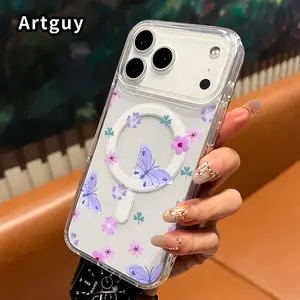 Magnetic Phone Case for iPhone 17 Pro Max 16 Plus 15 14 13 12 11 Air E Butterfly - Flower Fantasy Pattern Acrylic Back Shockproof Ultra Thin Mobile Phone Cover Gift for boy girl
