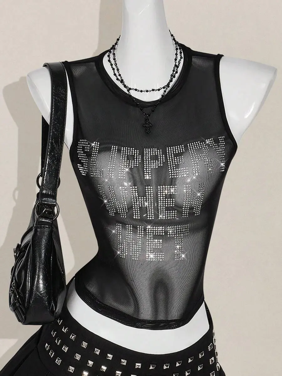 Y2k Summer Black And Silver Mesh Sheer Sexy Rhinestone Glitter Women's Rhinestone Letter Mesh Backless Tight Camisole Night Out Club