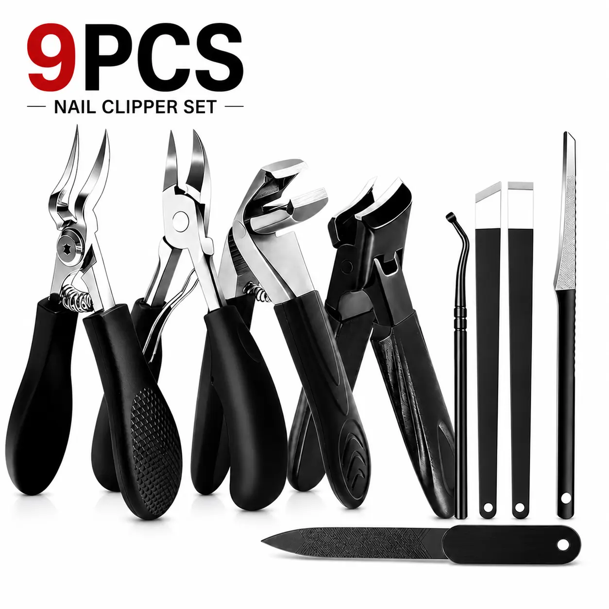 9PCS Toenail Clipper Set for Thick & Ingrown Nails, Nail Clippers for Thick Toenails, Heavy Duty Nail Care Kit, Professional Pedicure Tools, Angled Blade Toenail Clipper, Stainless Steel Manicure Set Curved summervibes trimming wide jaw opening