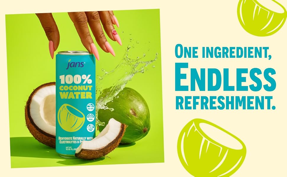 Jans 100% Coconut Water No Added Sugar 11.15oz (Pack of 12) Pure Coconut Refreshment, Vegan, Gluten-Free, Hydration with Electrolytes