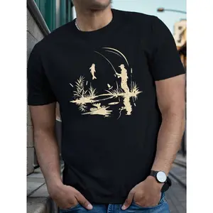Men's Fisherman Silhouette Printed T-Shirt - Casual Crew Neck Tee With Slight Stretch.Geometric Fishing Rod Patte graphic tees men crop tops summer outfits for men summer tops T-Shirt