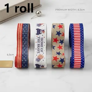 1pc 4th of July Continuous Ribbon Patriotic Wired Ribbons for Crafts Wrapping Wreath Bows Vintage Red and Blue American Flag Ribbon Army Ribbon for Memorial Day Party Home Decoration,2.48inx 5Yrds