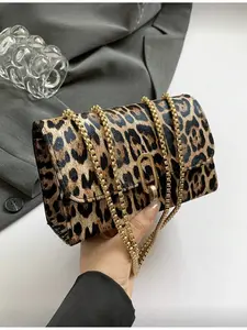 Vintage Fashion Leopard Print Flap Mini Square Bag Metal Double Chain Shoulder Bag Adjustable Crossbody Bag for Women Daily Student Casual Use New Autumn Winter Cheetah Print Wallet Tiger Pattern Bag