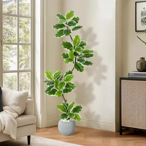 Artificial Fiddle Leaf Fig Tree with Realistic Large Leaves & Moss, Faux Indoor Decorative Plant in Modern Light Grey Pot for Home Living Room Office