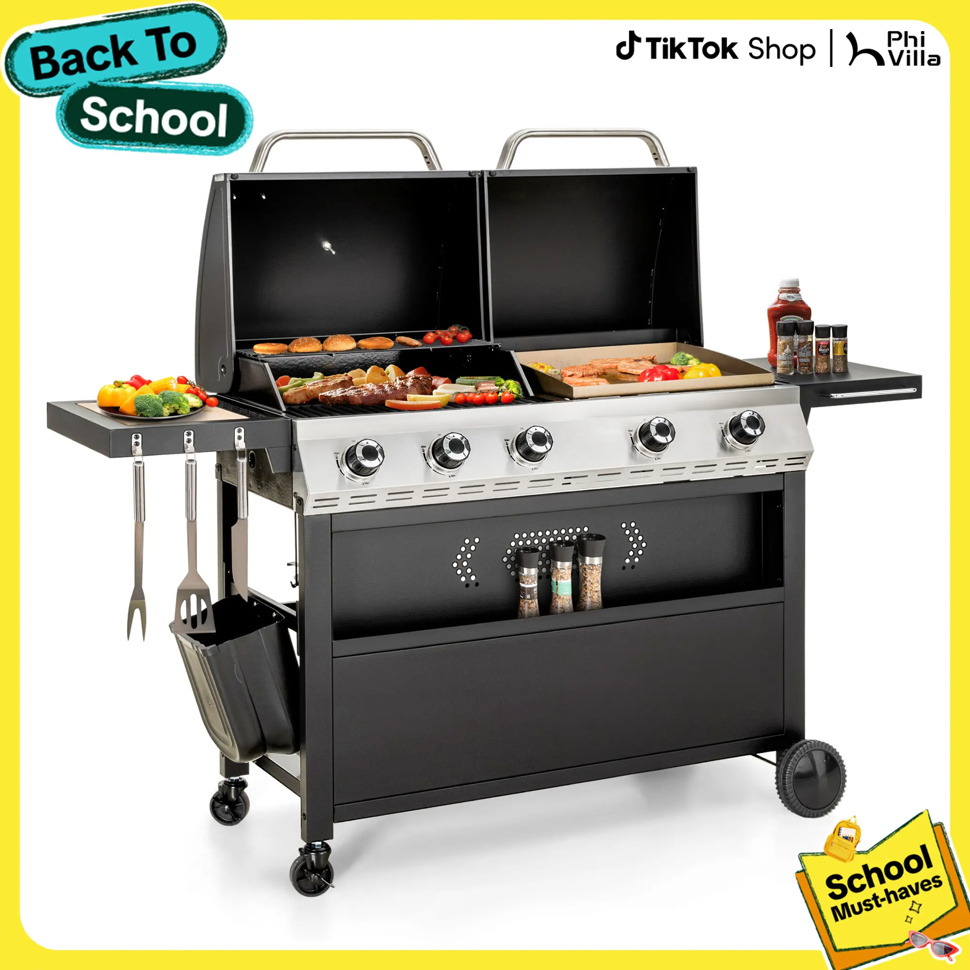 PHIVILLA 6-Burner Propane Gas Griddle Grill Combo with Porcelain-Enameled Cast Iron Grate & Pan, 696 SQ.IN. Cook Area, Dual BBQ Grill With Flat Top Griddle