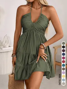 Women Summer Daily French Retro Mediterranean Resort Lazy Style Backless Tie Layered Cake Hem Design Halter Neck Cami Dress Home Outdoor City Regular Chic Trendy Casual Elegant Youthful Simple Versatile Texture Temperament Artistic