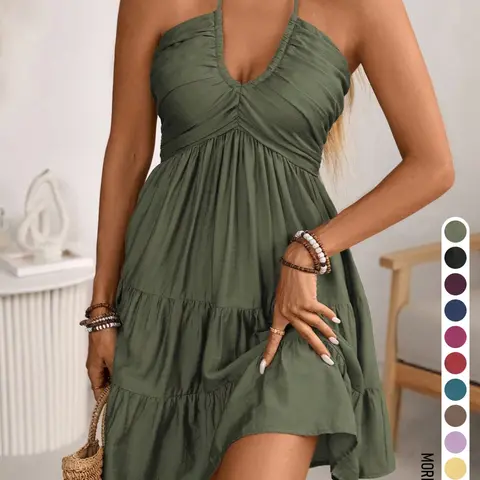 Women's French-Style Backless Halter Dress, Ruffle Hem & Tie-Back Design, Regular-Fit Casual Versatile Summer Dress for Resort, Home & Daily Wear, Beach Holiday Dress