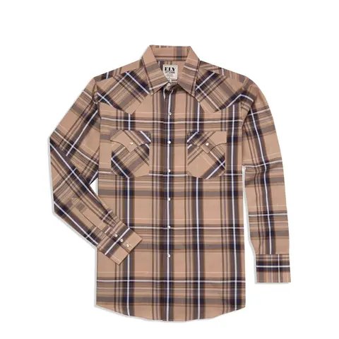 Men's Ely Cattleman Khaki Plaid Straight Regular Fit Textured Long Sleeve Shirt - Polyester Men's Clothing, Pearl Snap Buttons, Pocket, Cowboy Aesthetic Casual Western Top