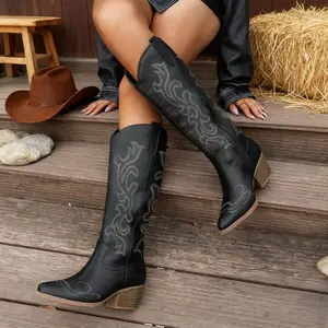 Women's Western Cowboy Boots Embroidered Pointed Toe Pull-On Retro Classic Fall Knee High Cowgirl Boots For Woman