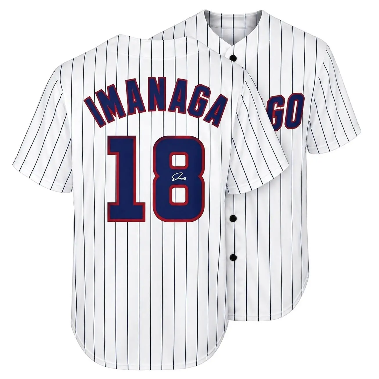 All-over Print Baseball Jersey Without Piping, White Pinstripe Imanaga #18 Facsimile Autographed Sports Fan Baseball Uniform M