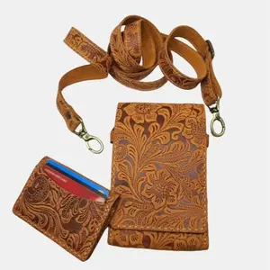 Western Embossed Leather Crossbody Purse with Adjustable 63 Inches Leather Strap, Leather Phone Case, Full Grain, Hand Tooled Holster, Handmade, Meaningful Gifts
