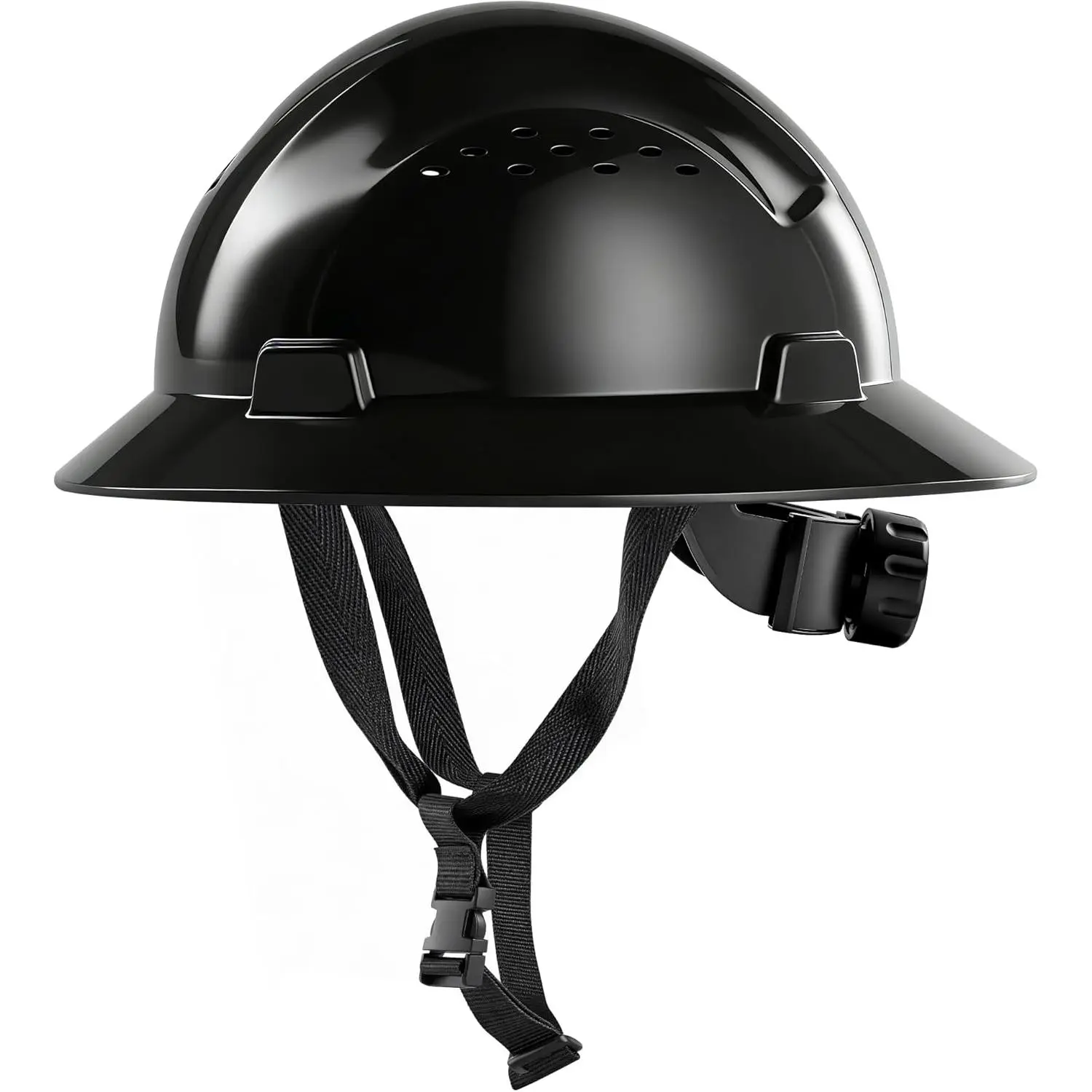 Full Brim HDPE Safety Helmet - Black Construction Gear with 4-Point Adjustable Ratchet Suspension, Chin Strap, Accessory-Ready Design, 6.25 to 8 Inches Fit for Male Workers, Mining Use