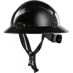 Full Brim HDPE Hard Hat, Black Construction Helmet with 4-Point Adjustable Suspension & Chin Strap, Construction Accessories for Male Workers