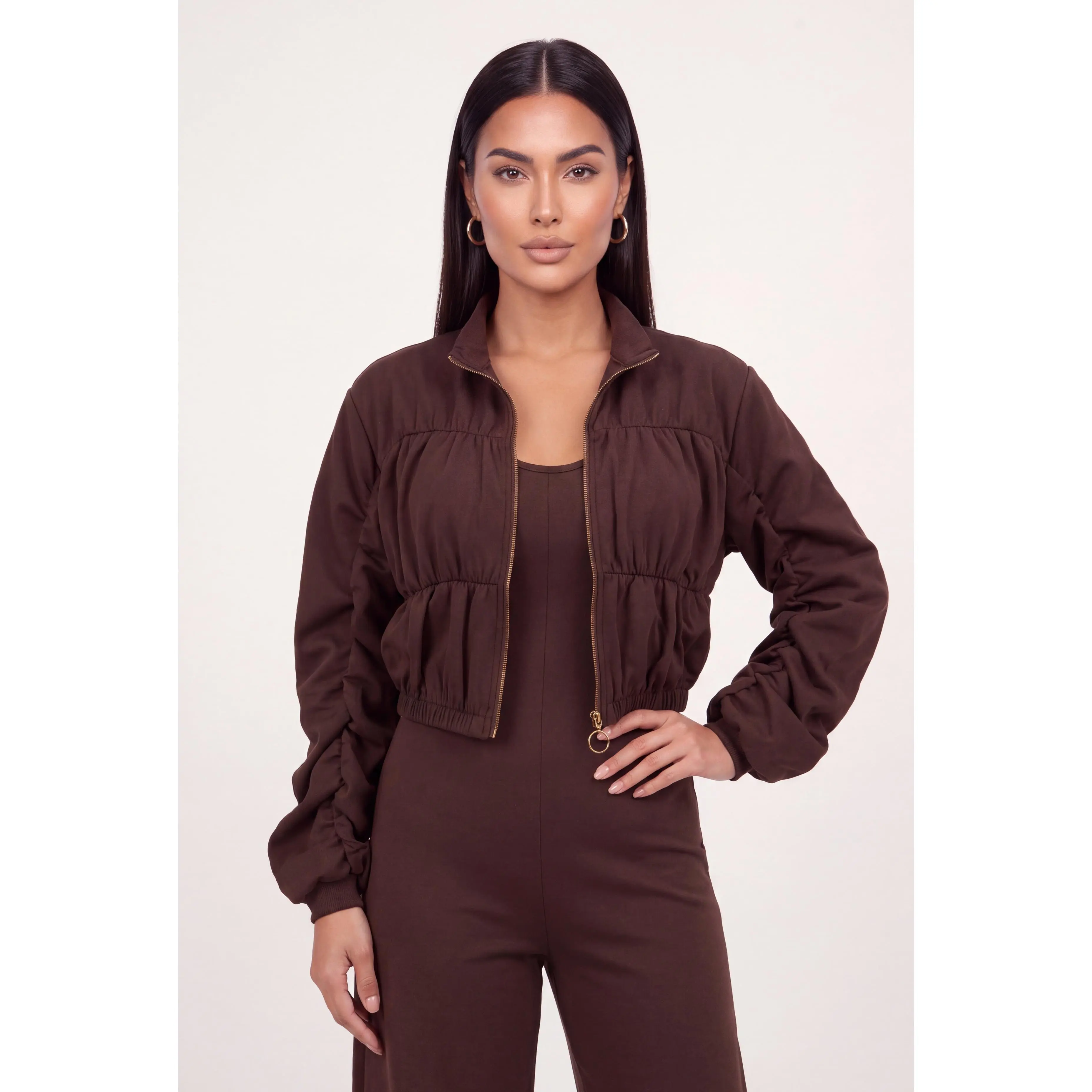 O Ring Metallic Zip Front Side Ruched Bomber Jacket