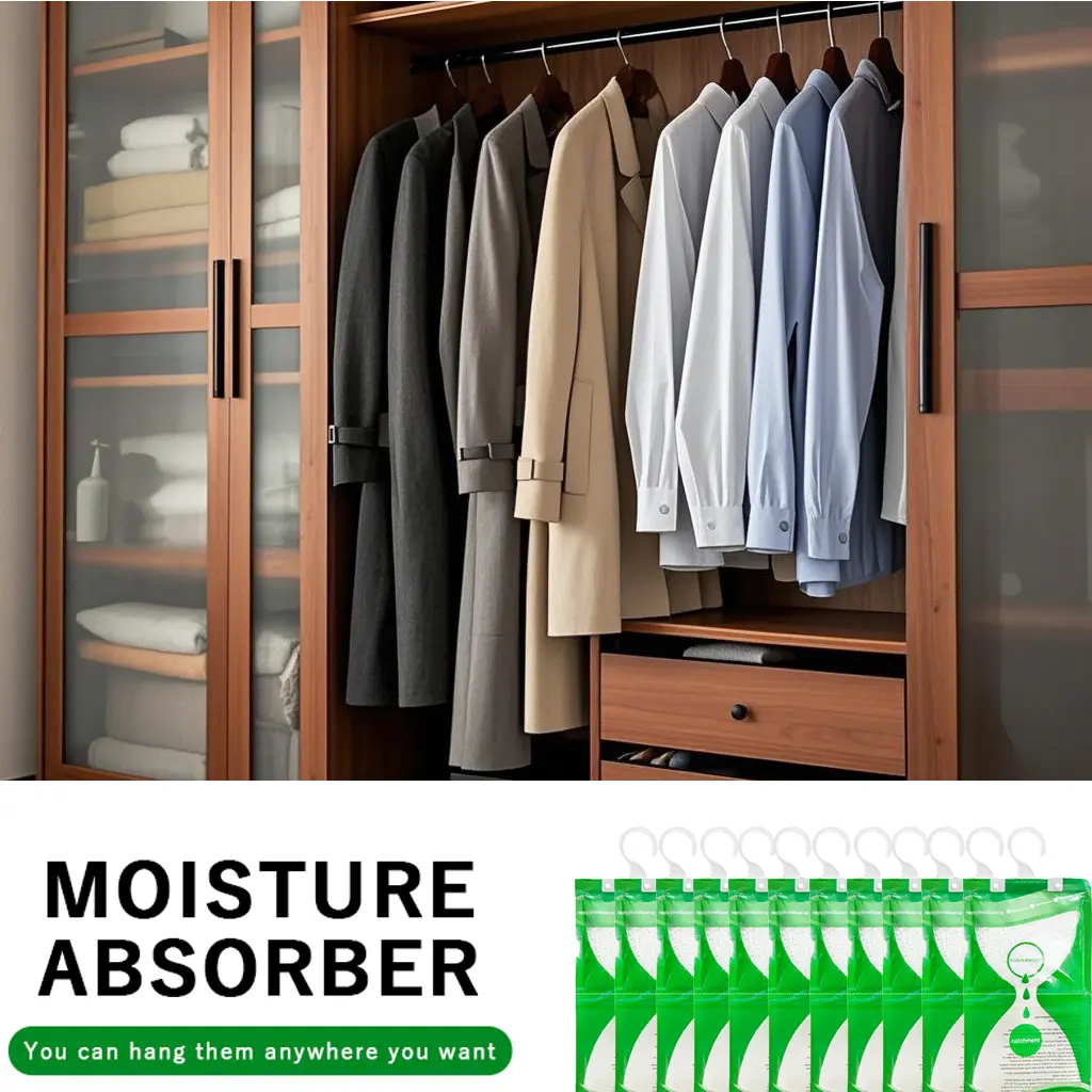 10PCS Hangable Hanging Dehumidifier Bags - Moisture Absorbers for Closet, Humidity Control, Fragrance-Free Closet Drying Solution for Kitchen, Bathroom, Cabinets & Storage Spaces