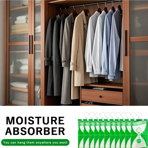 10PCS Hangable Moisture Absorbers for Storage - Household Dehumidifier Bags with Spherical Granules, Closet Drying, Rust Guard, Visual Dryness Cue, 30Cm × 16Cm (30x16cm), 500ml, 36-Month Shelf Life, Alcohol-Free, Non-Aerosol, RV Cabin Use