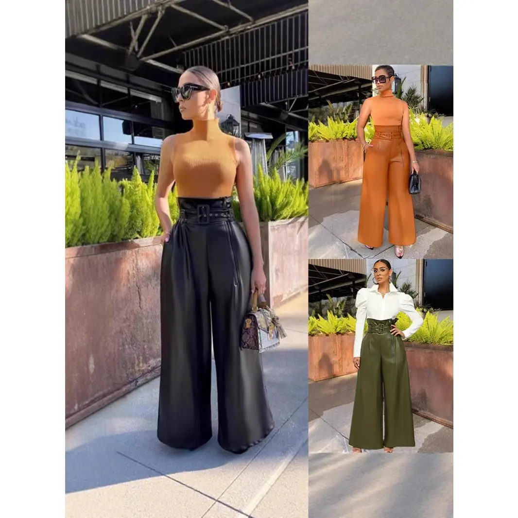 Fashion High-Waisted Long Pants Leather Pants Metal Belt Wide-Leg Pants