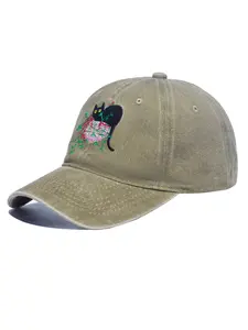 Baseball Cap with Cute Cat Sleeping on Flower Pot Denim Hat, Casual Fitted Design for All Seasons