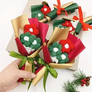 3pcs Hand-Knitted Crochet Mini Puff Flower Bouquet - Handmade Fabric Artificial Flowers, White & Christmas Centerpieces for Tabletop Decor, Winter Weddings, Parties, No Maintenance Fake Floral Arrangement (No Real Plants)