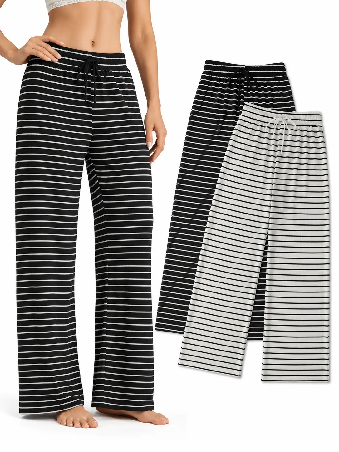Women's 2-Pack Wide Leg Pants - Soft Ribbed Knit Striped Lounge Bottoms with Drawstring Elastic Waist