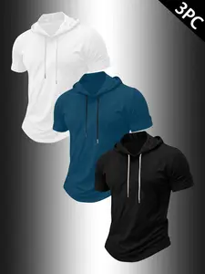 Men's 3-Pack Short Sleeve Hooded Workout Shirts, Quick Dry Athletic Gym Tops, Slim Fit Curved Hem Casual Hoodie Tees for Training, Running, Fitness #tiktokmademebuyit