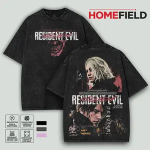 Resident Evil Requiem RE9 Leon S Kennedy horror Game Oversize 2 Sided Washed Cotton T-shirt unisex graphic tees game anime manga movie Menswear Casual gamer merch t-shirt Clothes Top