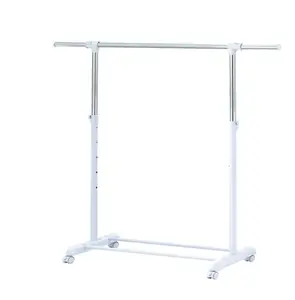 Adjustable Rolling Garment Rack Metal Chrome White 84-121Wx44Dx123.5-163Hcm for Laundry Use