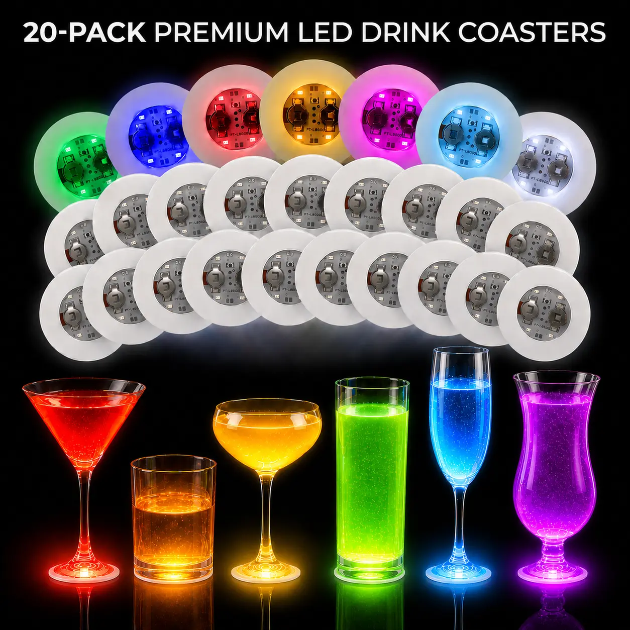 20 Pcs Lightweight Decorative Coasters - LED Light-Up Party Decor, 8-Color Glowing Drink Accessories for Festive Occasions, Decorative Coaster