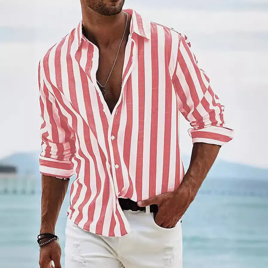 Mens Casual Long Sleeve Striped Loose Fit Shirt