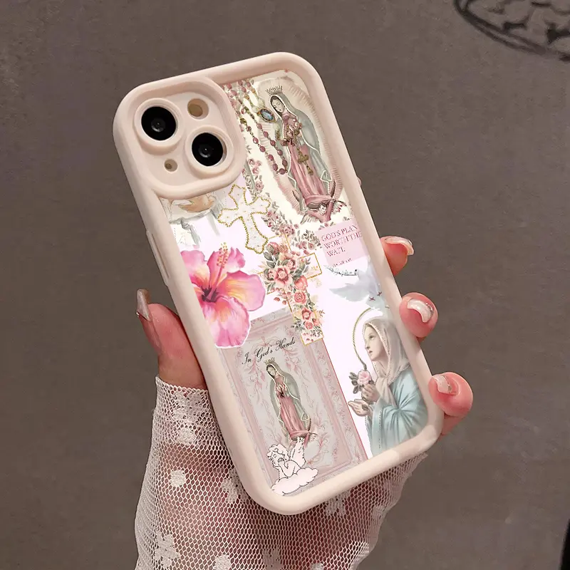 Shockproof Silicone Handheld Cellphone Casing for iPhone 16 E Pro Max, 15 Plus, 14, 13, 12, 11, XS, XR - Pink Religious Collage, Lightweight, Anti-Scratch Protection for Mobile Devices, Smartphone, Accessories