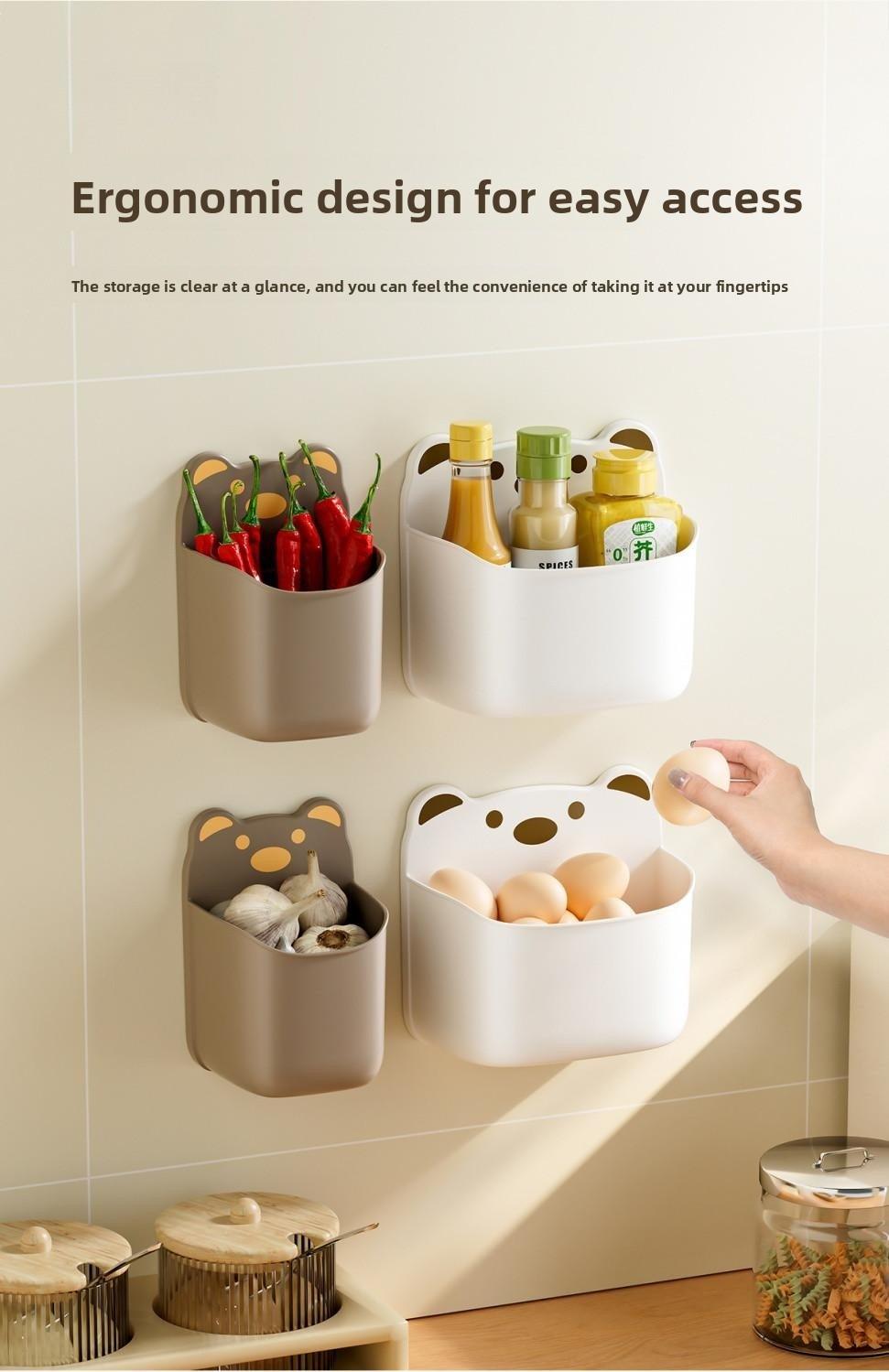 Cartoon wall storage box, ginger, garlic storage wall hanging storage box, storage basket, multi-functional kitchen wall storage rack, no-drilling adhesive hooks