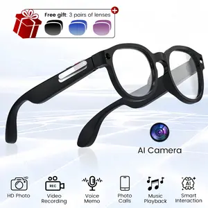 AI intelligent camera glasses, 2 million pixels, with three lenses, suitable for voice recording, call and music playback, real-time translation and image recognition, wearable video glasses for meetings, learning and travel
