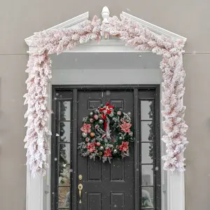 1 Christmas Snowflake Pink Flocked Wreath, Artificial Winter Frosted Holiday Pine and Cedar Branches, for Christmas Tree, Staircase, Fireplace Decoration, Christmas Decorations, Christmas Tree Decorations
