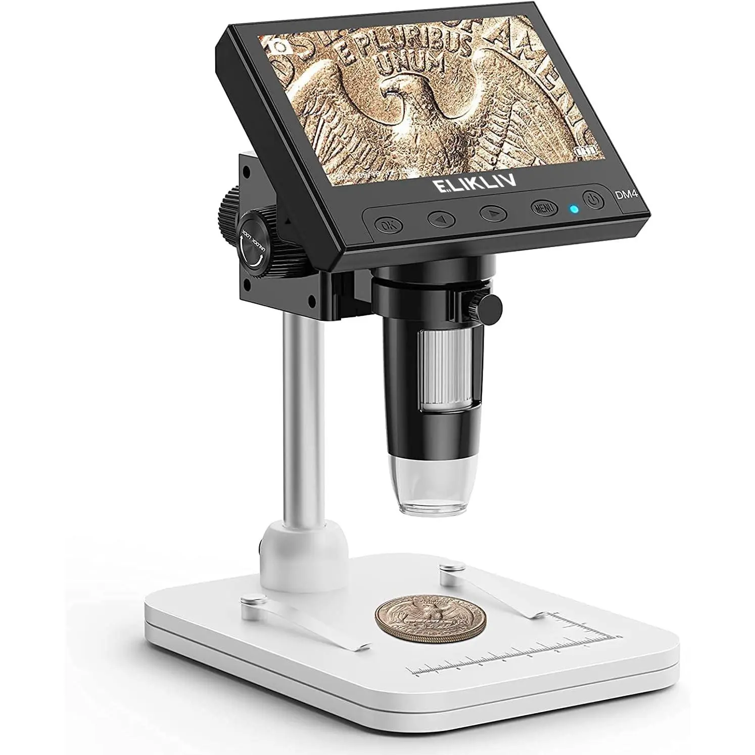 EDM4 Model LCD Digital Coin Microscope - 1000x Magnification, 4.3in Large Screen, Crisp Display, 8 Adjustable LED Lights, Windows/macOS View Compatible, Tool for Coin Error Check & Detailed Examination, 4.3 Inch Screen, 4.3" Lcd
