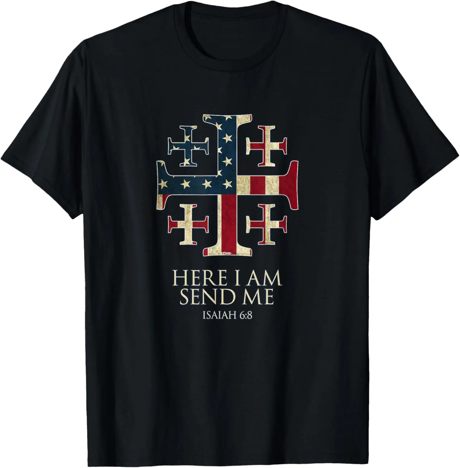 Here I Am Send Me Isaiah 6:8 Christian USA Flag Cross T-Shirt Pure Cotton Graphic Tees Menswear Top: Gifts for Men & Women, Natural, Shortsleeve