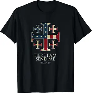 Here I Am Send Me Isaiah 6:8 Christian USA Flag Cross T-Shirt Pure Cotton Graphic Tees Menswear Top: Gifts for Men & Women, Natural, Shortsleeve