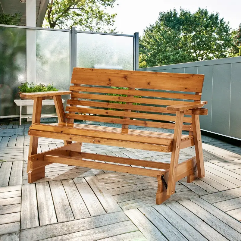 Outdoor Wooden Glider Bench/Chair with Cup Holders, Roll Back Porch Seat for Patio or Garden
