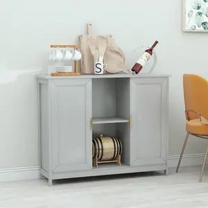 Grey Kitchen Pantry, Modern Wooden Small Credenza Sideboard Coffee Station, Storage Small Cabinet with Doors and Shelves for Kitchen