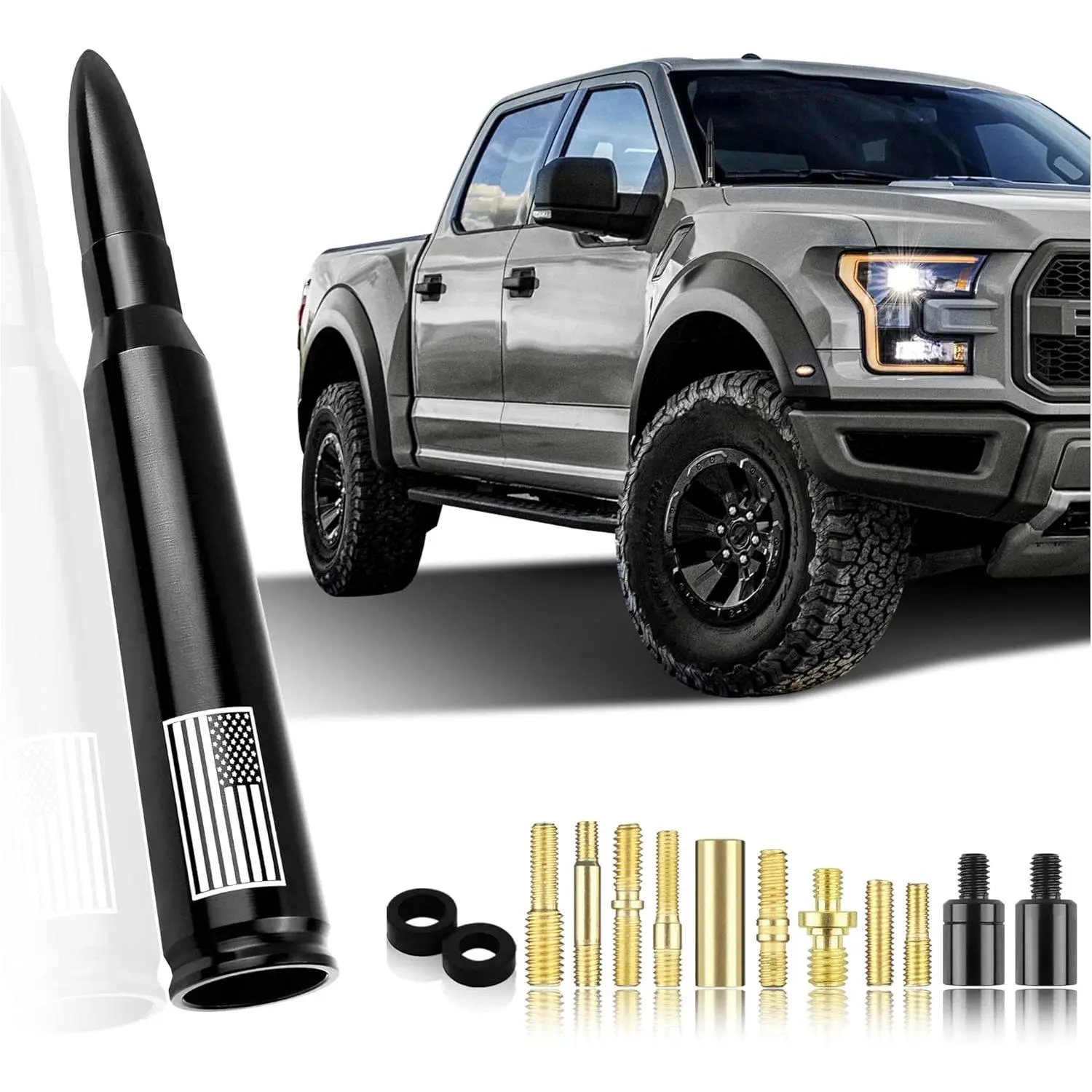 Car Bullet Antenna,Truck Exterior Decoration Accessories Car Vehicle Replacement Antenna Conpatible with Ford F150 RAM 1500 GMC Heavy Duty Pickup Trucks Accessories (New Upgrade Black-U.S. Flag