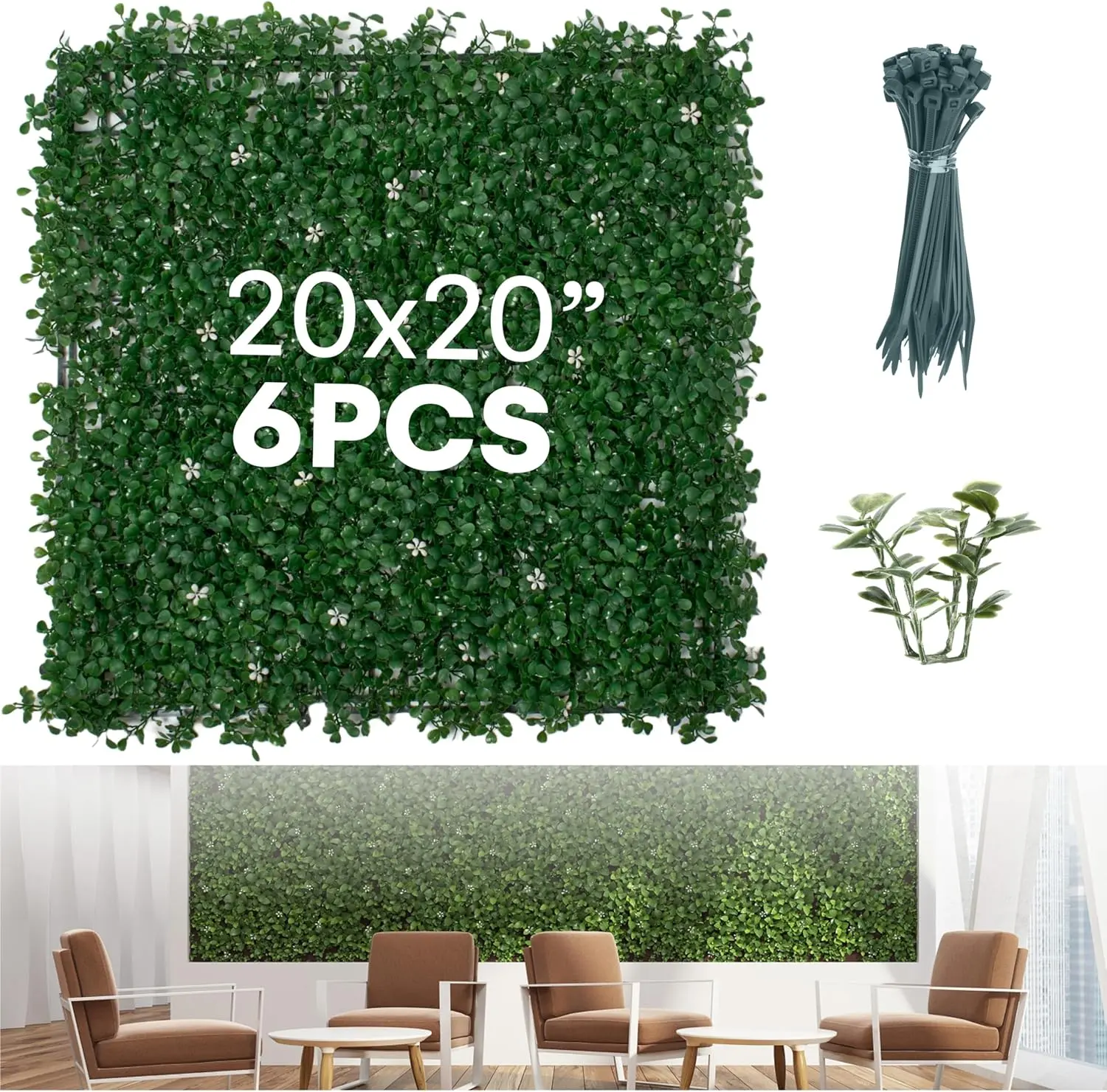 Artificial Boxwood Hedge Panels - Grass Wall Backdrop Decor Indoor and Outdoors - Greenery Wall, Faux, Grass Wall - Decorative Hedge, Garden Fence Panels - 20x20 inch - Pack of 6