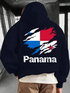 Men's Casual Hooded Sweatshirt, Kangaroo Pocket Design, Fall & Winter Wear, Loose Fit, Geometric Pattern, Trendy Panama Flag Print