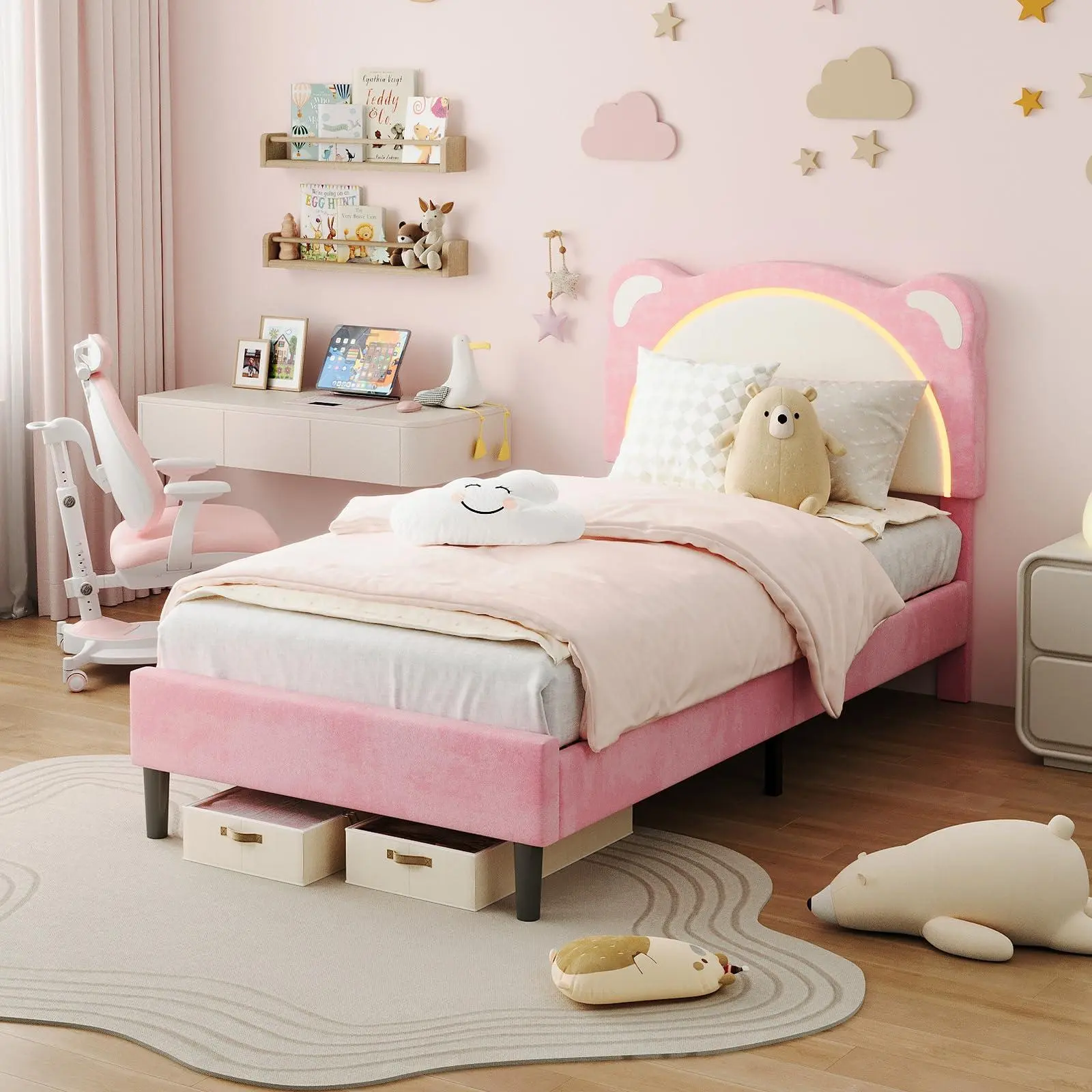 Girls' Twin Princess Bed Frame - Durable Metal & Wooden Slats Support, Adjustable Headboard, LED Light, No Box Spring Needed, DIY Assembly Required, Indoor Furniture Bed