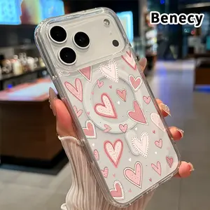 Transparent Magnetic Phone Case for iPhone 17 16  Pro Max Plus 15 14 13 12 11 Air E Hearts in Harmony  Patterned Acrylic Back Non Slip Protective Cover Gift